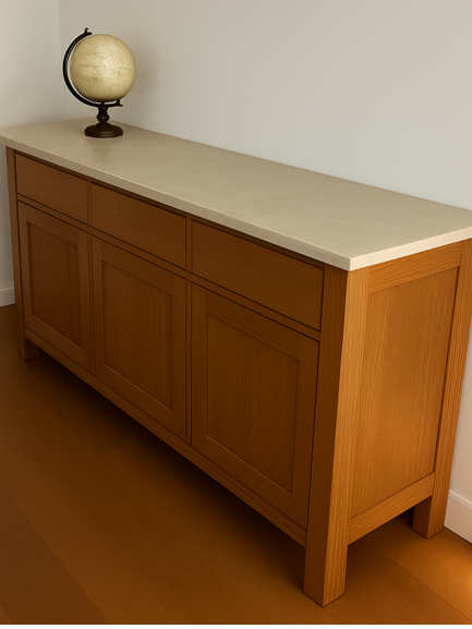 Buffet in Rift Oak light stain mission legs with slight taper project in Iowa